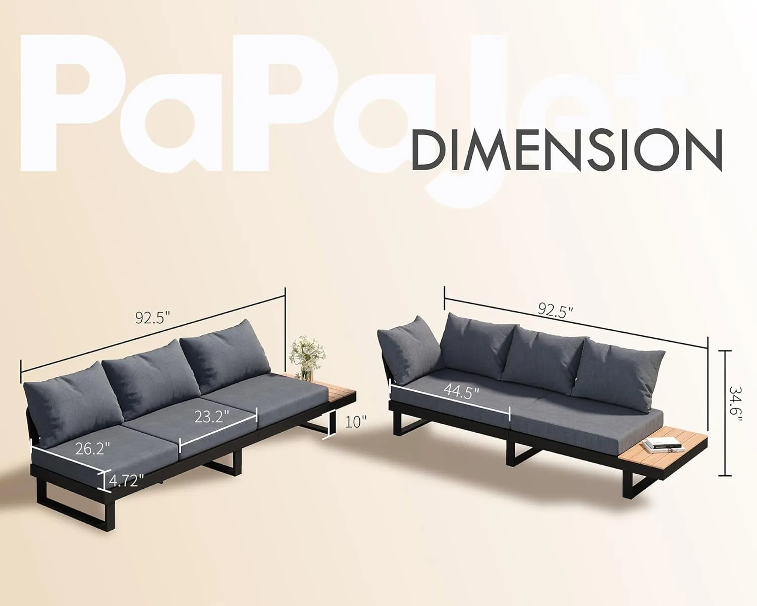 NEW PaPaJet Aluminum Soft Modern Outdoor Patio Sofa with Wood Grain Plastic Top Side Table for Backyard Poolside Porch, Grey, Retails $369 