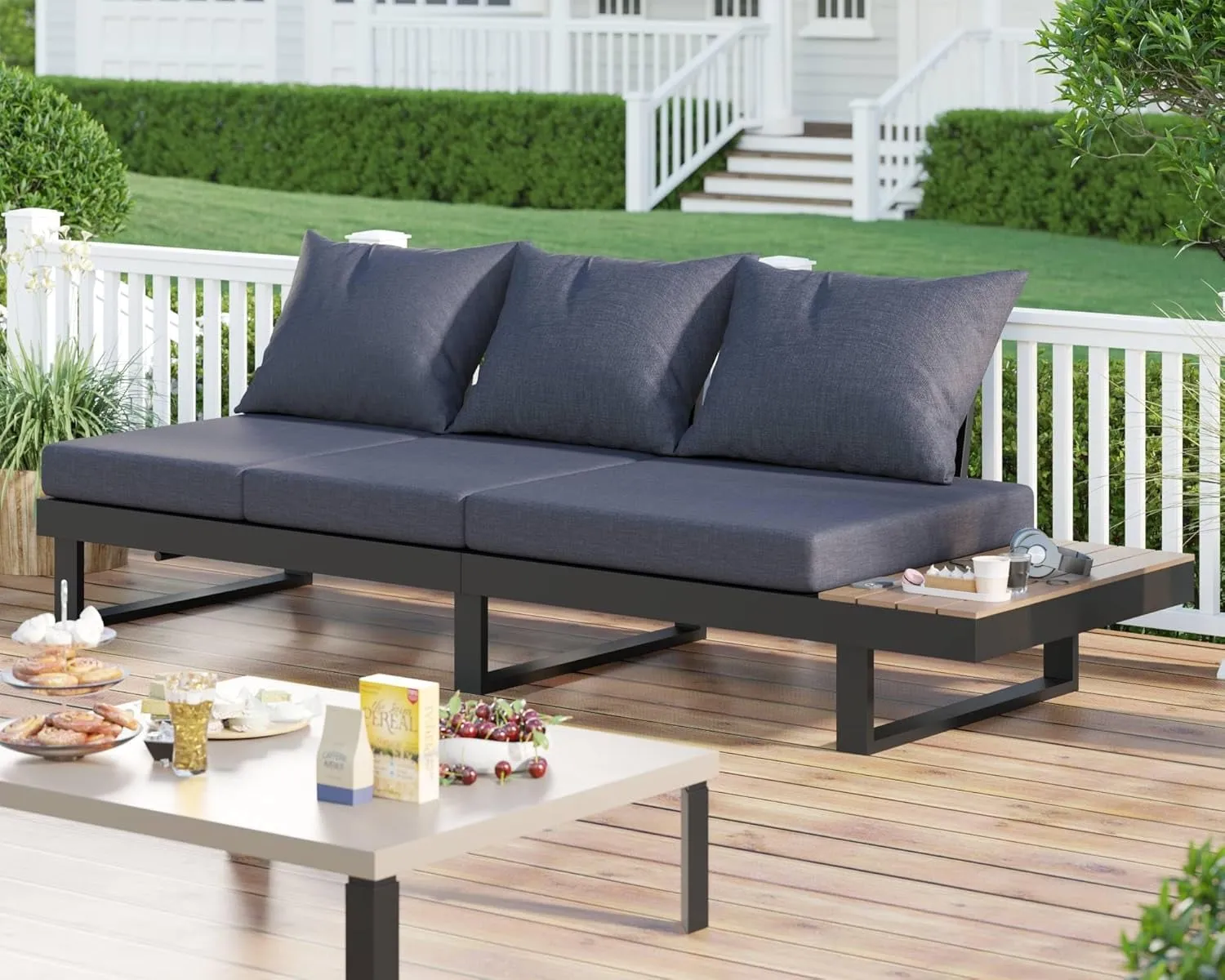 NEW PaPaJet Aluminum Soft Modern Outdoor Patio Sofa with Wood Grain Plastic Top Side Table for Backyard Poolside Porch, Grey, Retails $369 