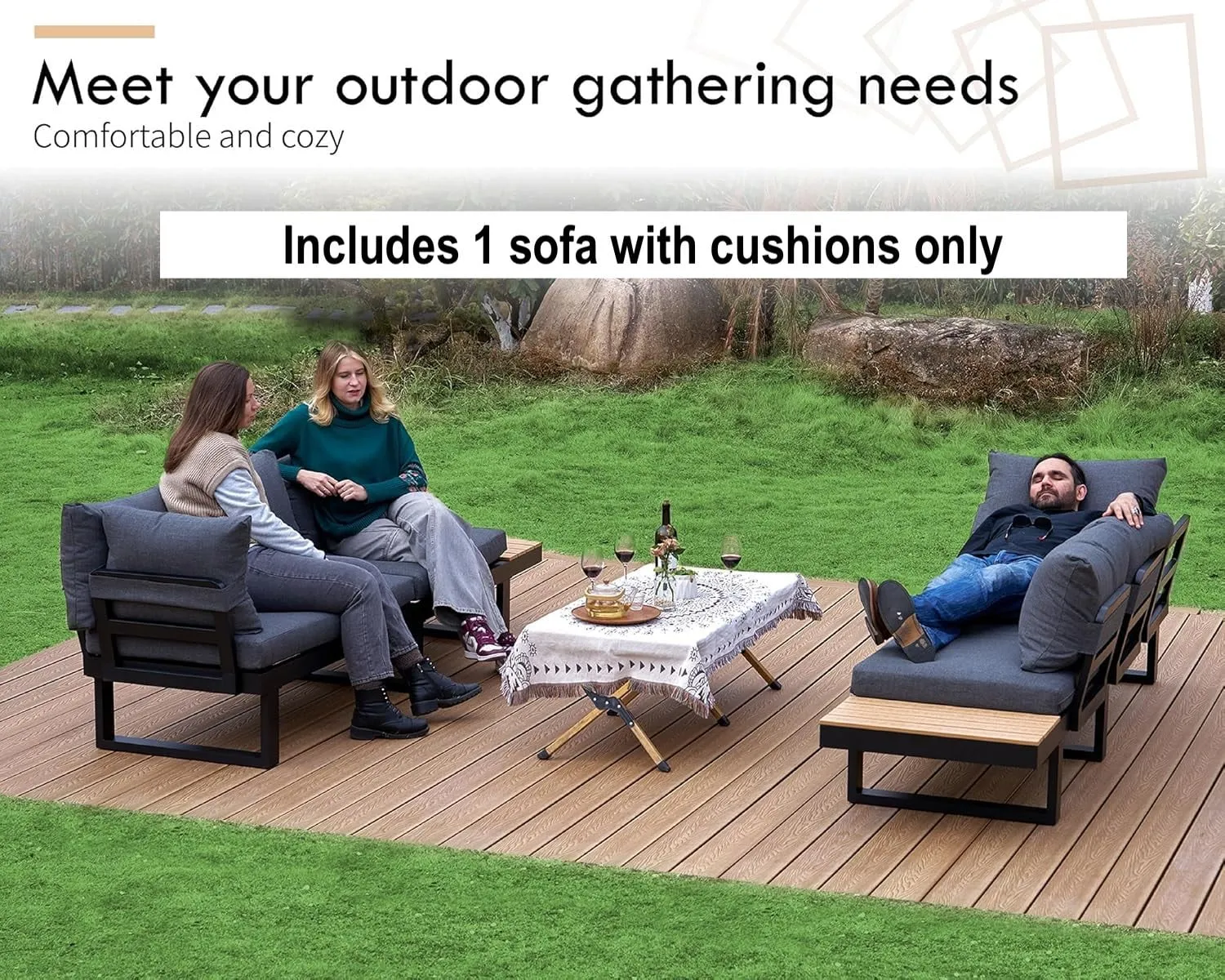 NEW PaPaJet Aluminum Soft Modern Outdoor Patio Sofa with Wood Grain Plastic Top Side Table for Backyard Poolside Porch, Grey, Retails $369 