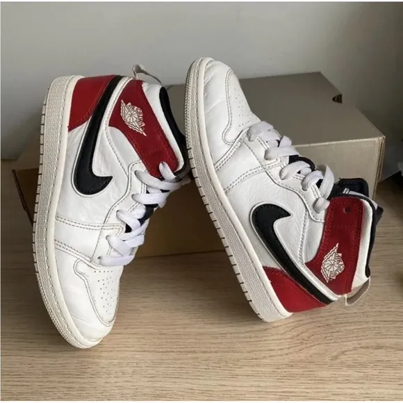 Nike Jordan 1 Mid White Black Gym Red (PS) Kids Sneakers- SZ 13.5.