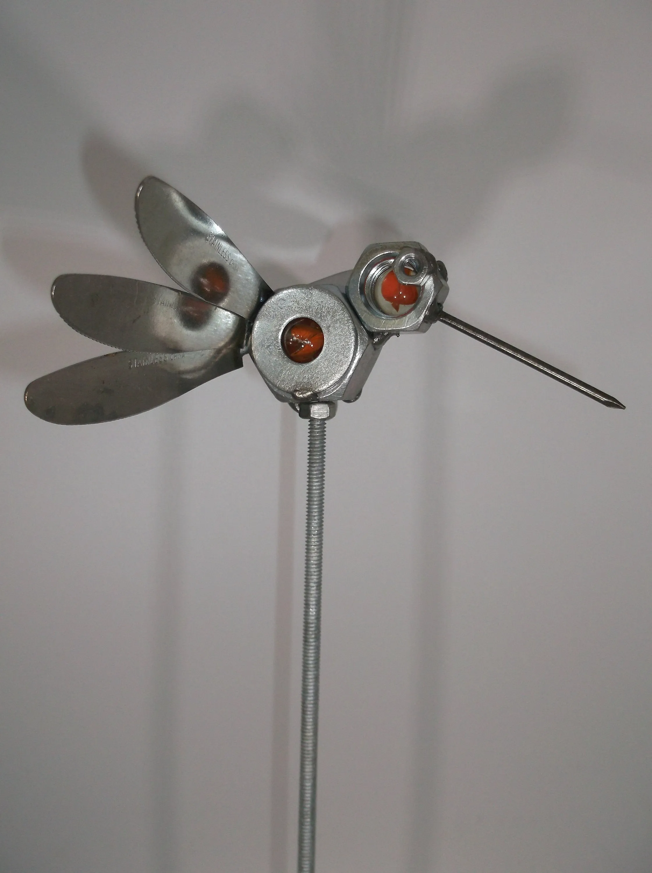 Orange Humming Bird, Metal Welded Yard Sculpture, Garden Stake