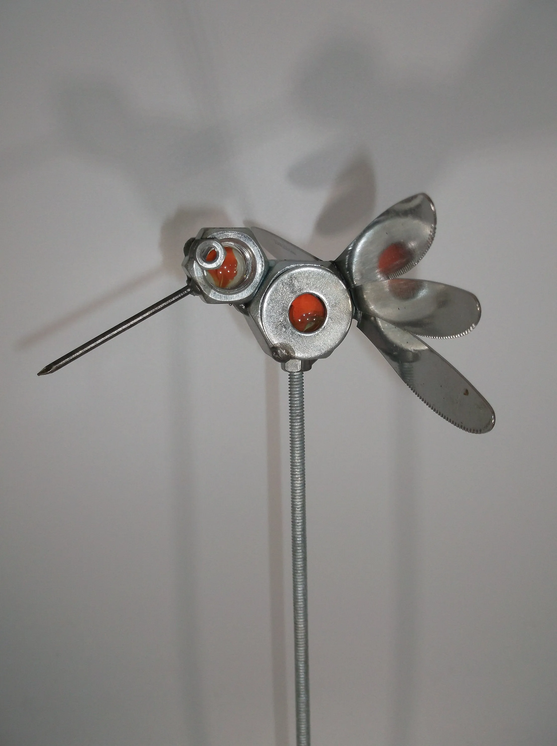 Orange Humming Bird, Metal Welded Yard Sculpture, Garden Stake