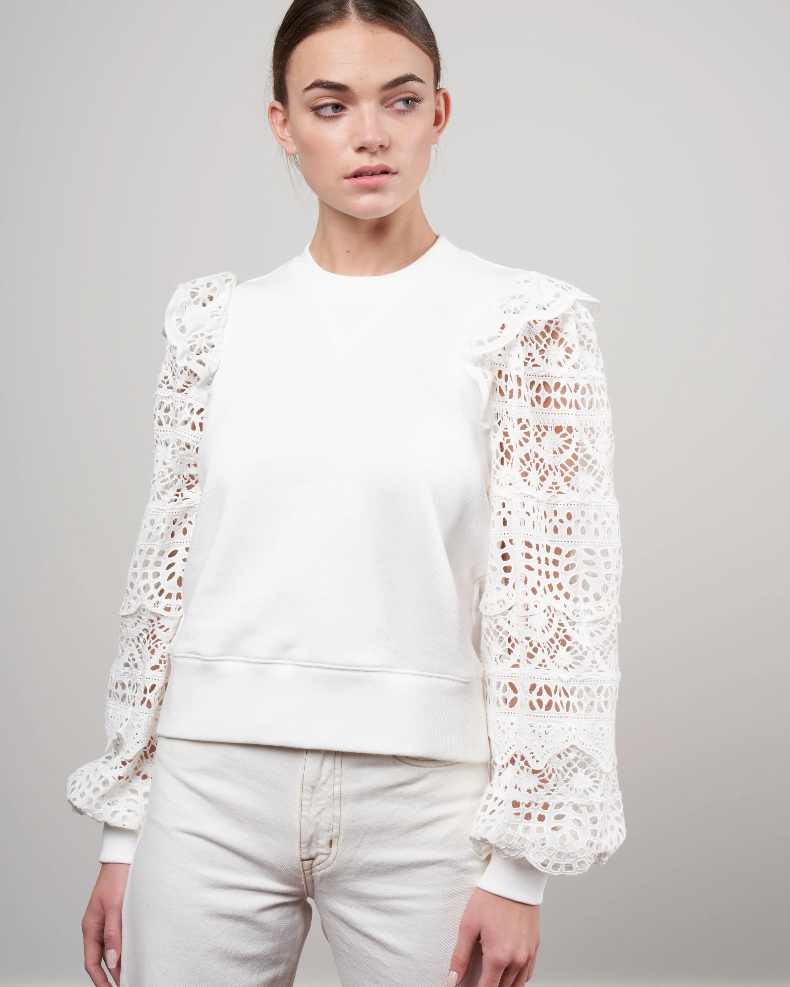 patrizia lace long sleeve combo sweatshirt - white