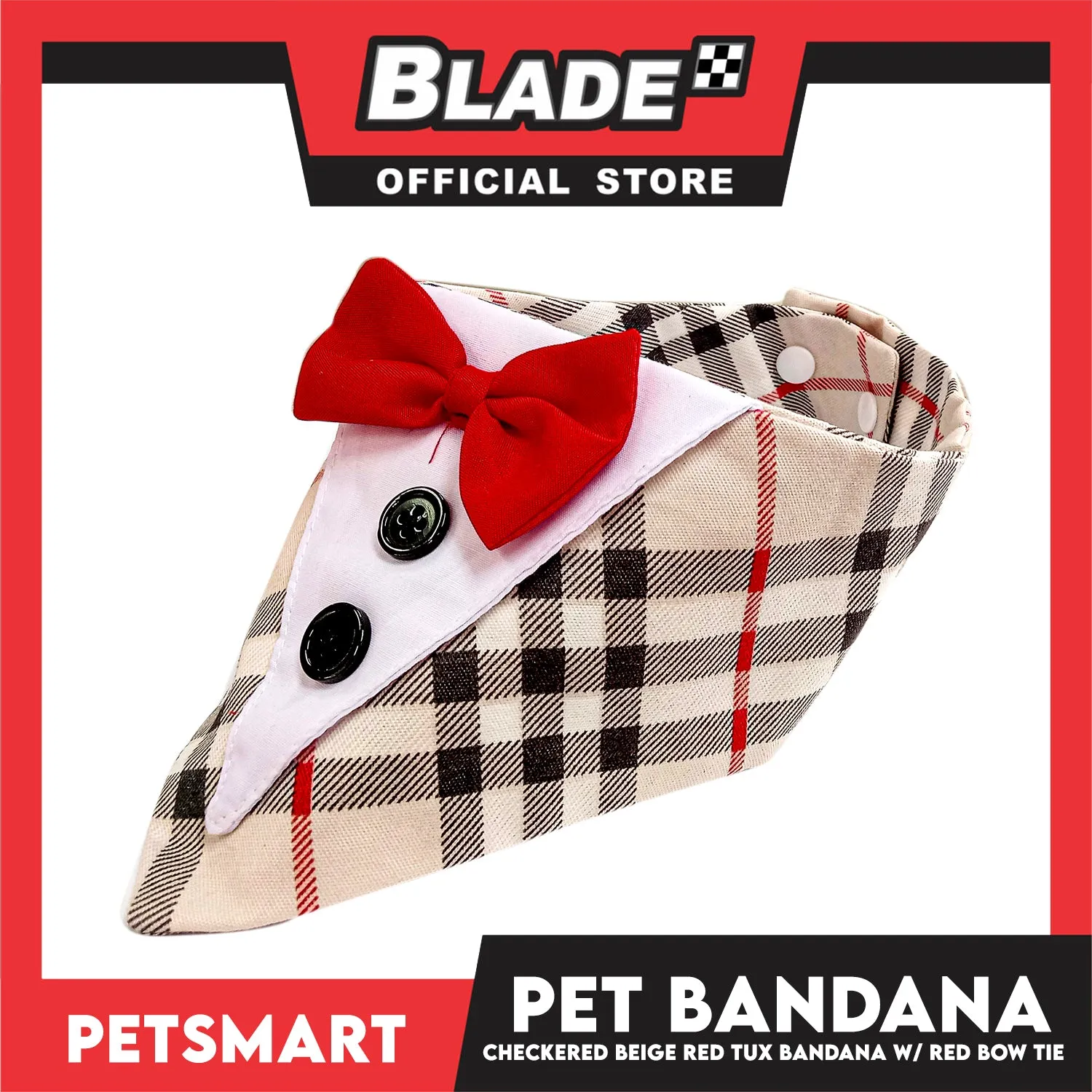 Pet Bandana Checkered Beige Red Tuxedo Bandana with Red Bow Tie Design (Small) Perfect Fit for Dogs and Cats
