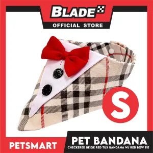Pet Bandana Checkered Beige Red Tuxedo Bandana with Red Bow Tie Design (Small) Perfect Fit for Dogs and Cats