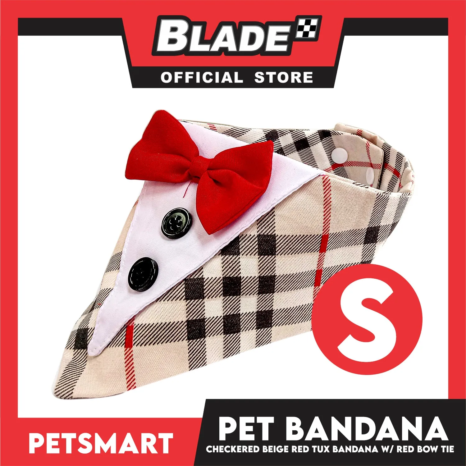 Pet Bandana Checkered Beige Red Tuxedo Bandana with Red Bow Tie Design (Small) Perfect Fit for Dogs and Cats
