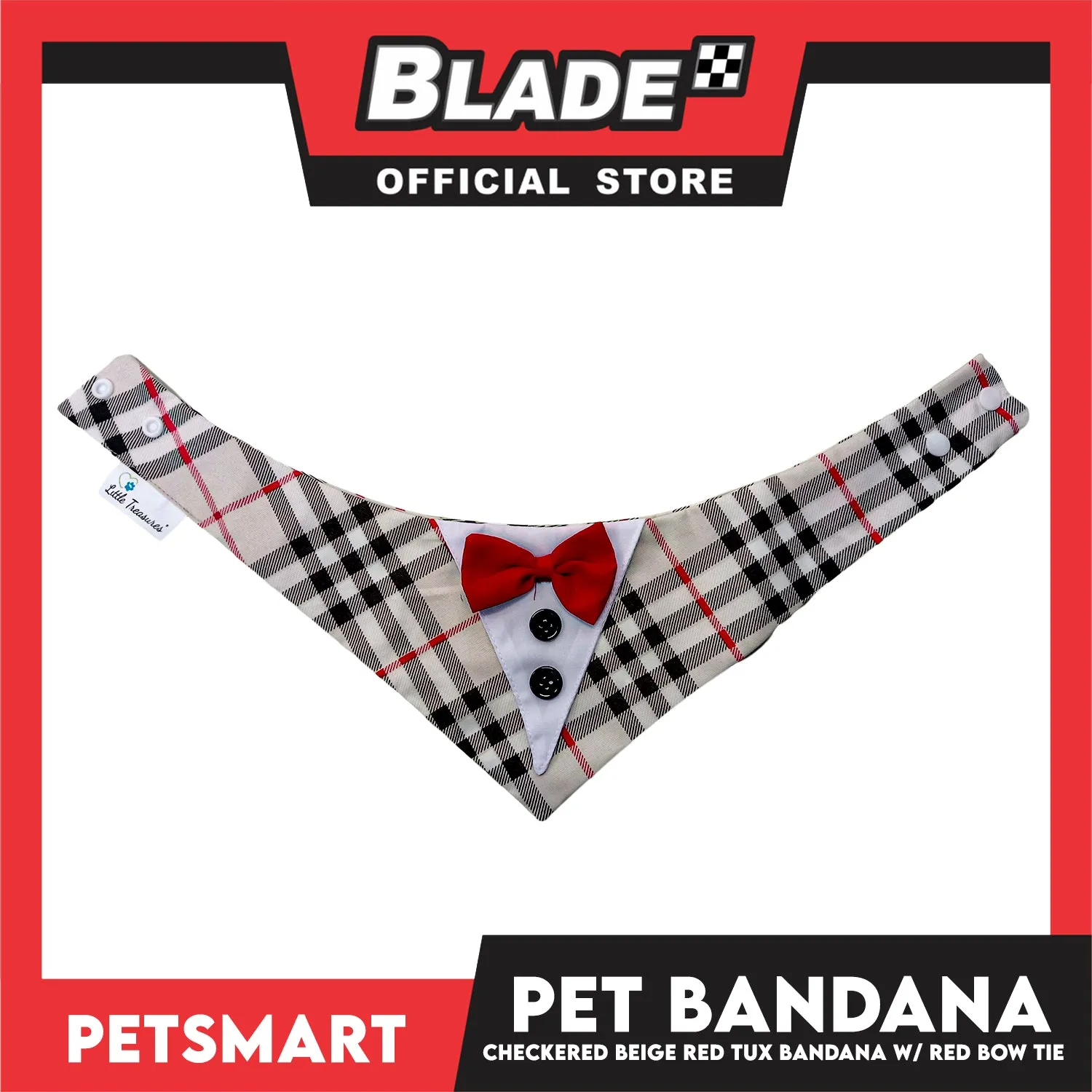 Pet Bandana Checkered Beige Red Tuxedo Bandana with Red Bow Tie Design (Small) Perfect Fit for Dogs and Cats