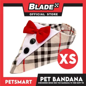 Pet Bandana Checkered Beige Red Tuxedo Bandana with Red Bow Tie Design (XS) Perfect Fit for Dogs and Cats