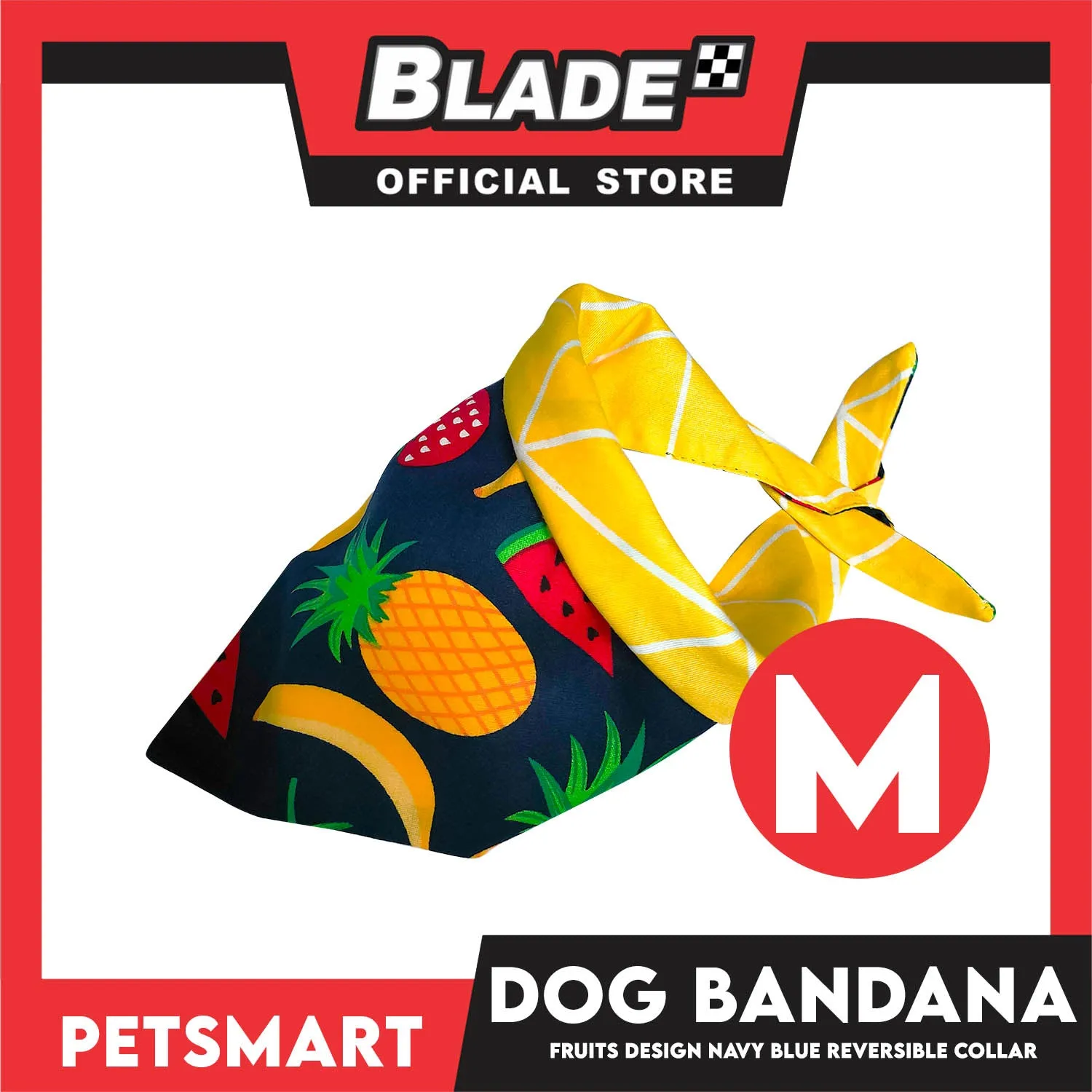 Pet Bandana Collar Scarf Reversible, Fruits Design Navy Blue With Yellow Lines Colors DB-CTN21M (Medium) Perfect Fit For Dogs And Cats, Breathable, Soft Lightweight Pet Bandana