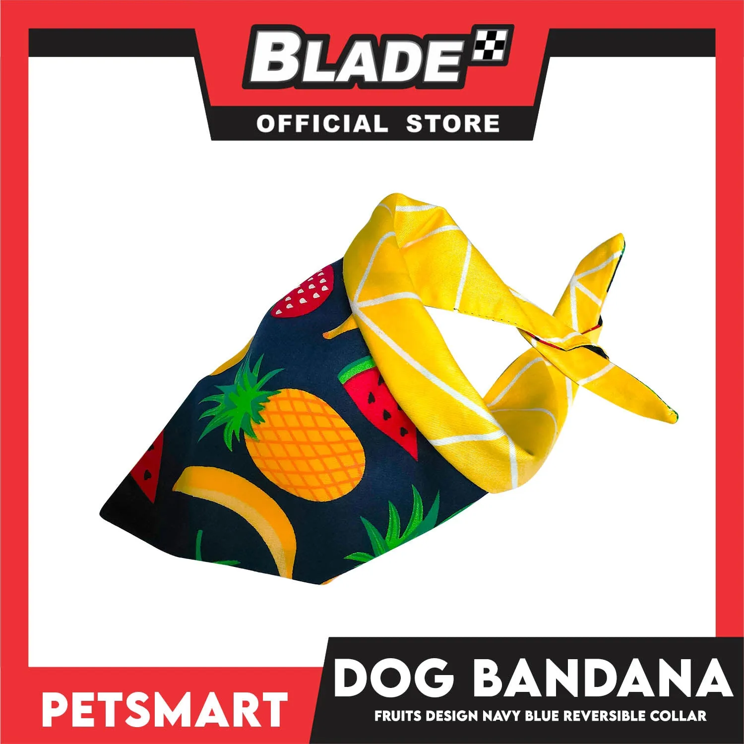 Pet Bandana Collar Scarf Reversible, Fruits Design Navy Blue With Yellow Lines Colors DB-CTN21M (Medium) Perfect Fit For Dogs And Cats, Breathable, Soft Lightweight Pet Bandana