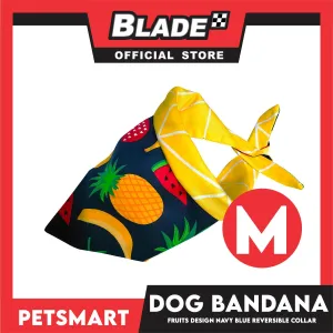 Pet Bandana Collar Scarf Reversible, Fruits Design Navy Blue With Yellow Lines Colors DB-CTN21M (Medium) Perfect Fit For Dogs And Cats, Breathable, Soft Lightweight Pet Bandana