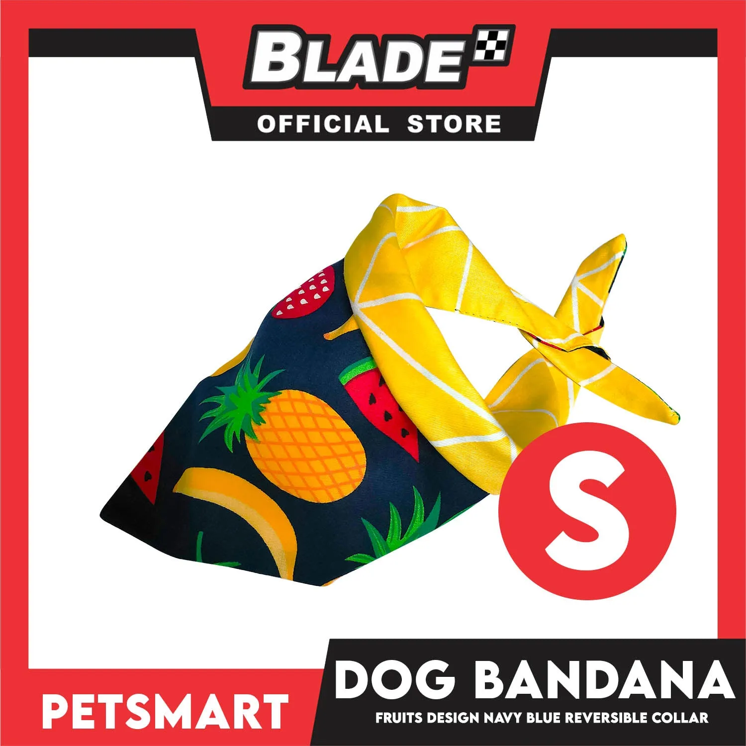 Pet Bandana Collar Scarf Reversible, Fruits Design Navy Blue With Yellow Lines Colors DB-CTN21S (Small) Perfect Fit For Dogs And Cats, Breathable, Soft Lightweight Pet Bandana