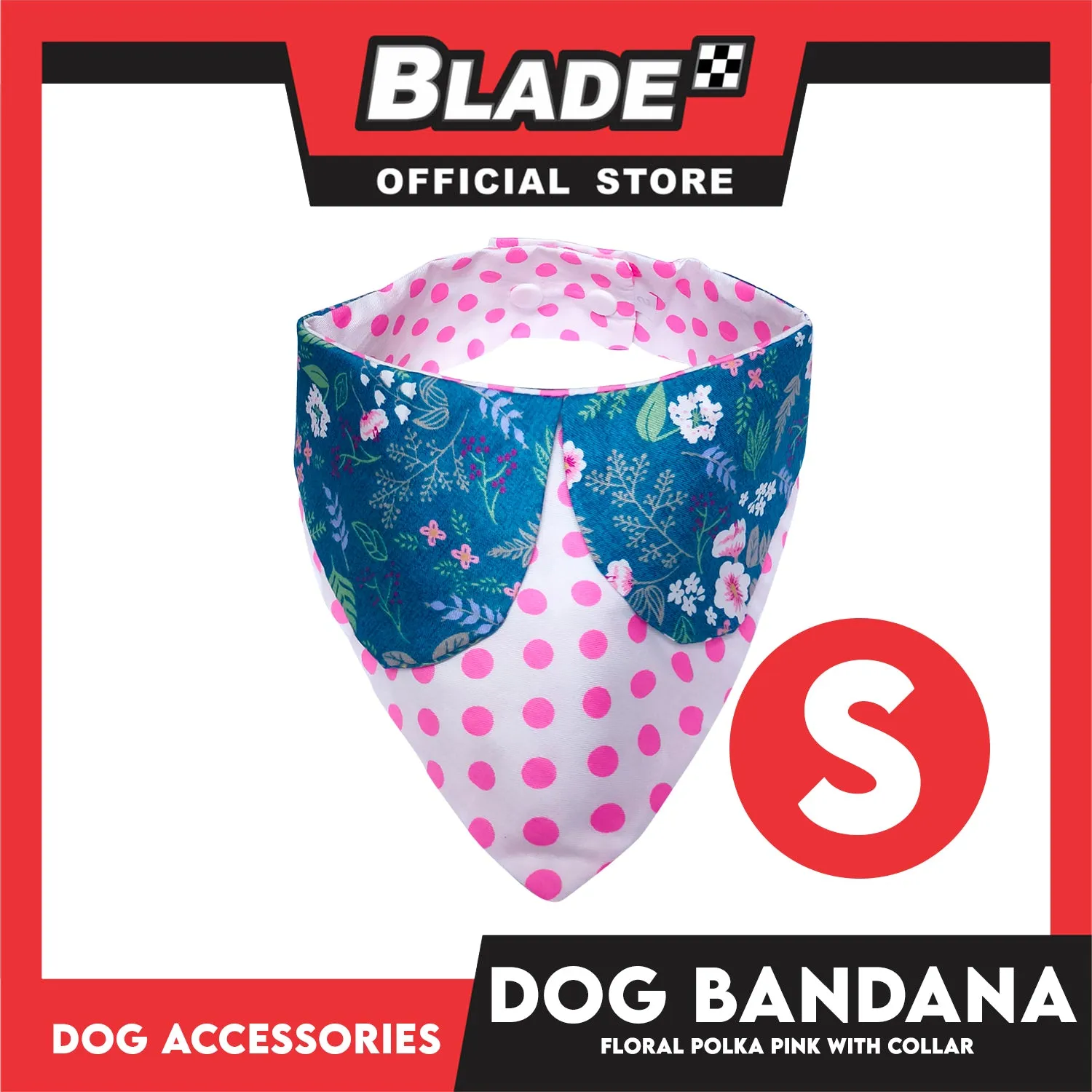 Pet Bandana Collar Scarf Reversible Pink Polka Dots With Blue Floral Designs DB-CTN26S (Small) Perfect Fit For Dogs And Cats, Breathable, Soft Lightweight Pet Bandana