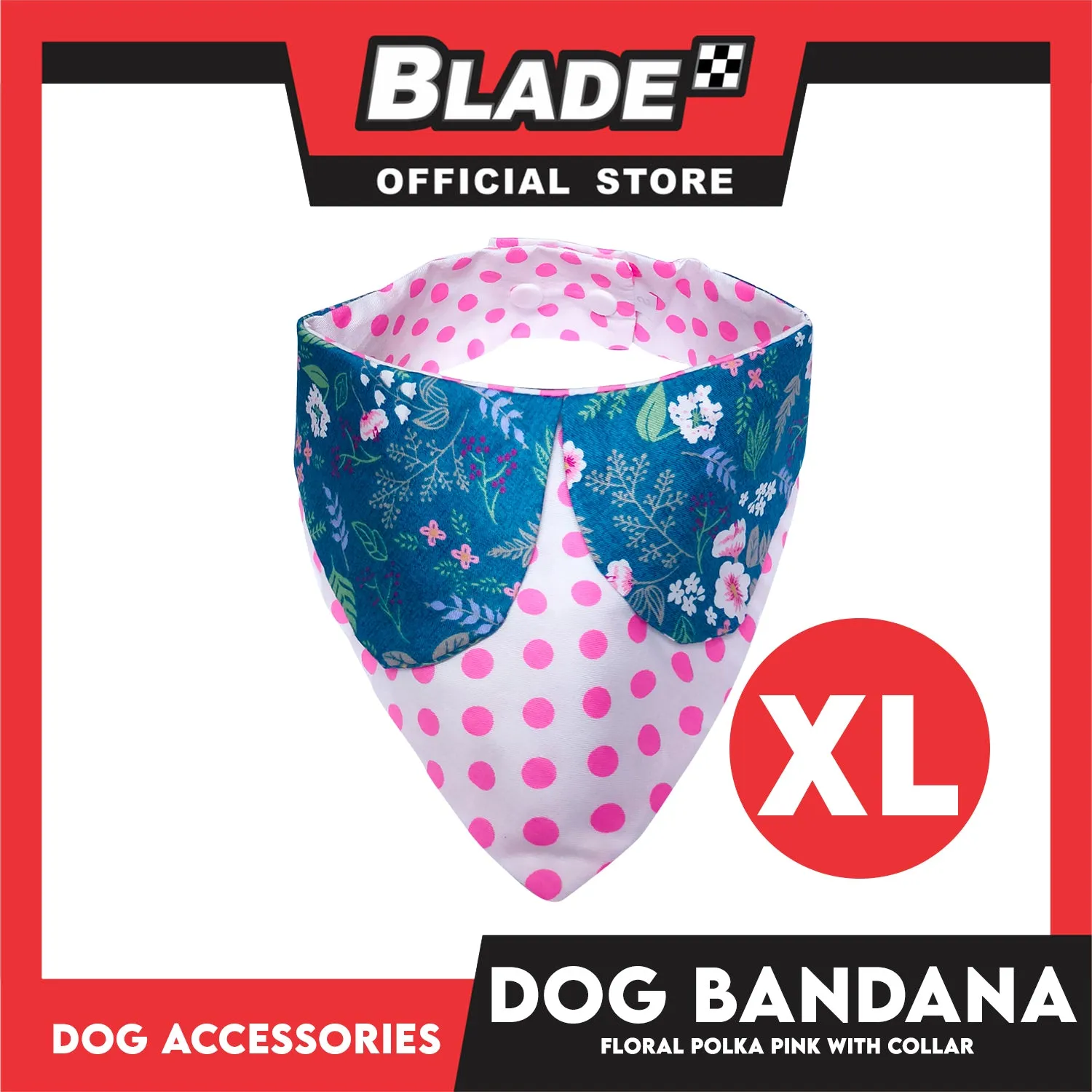 Pet Bandana Collar Scarf Reversible Pink Polka Dots With Blue Floral Designs DB-CTN26XL (XL) Perfect Fit For Dogs And Cats, Breathable, Soft Lightweight Pet Bandana