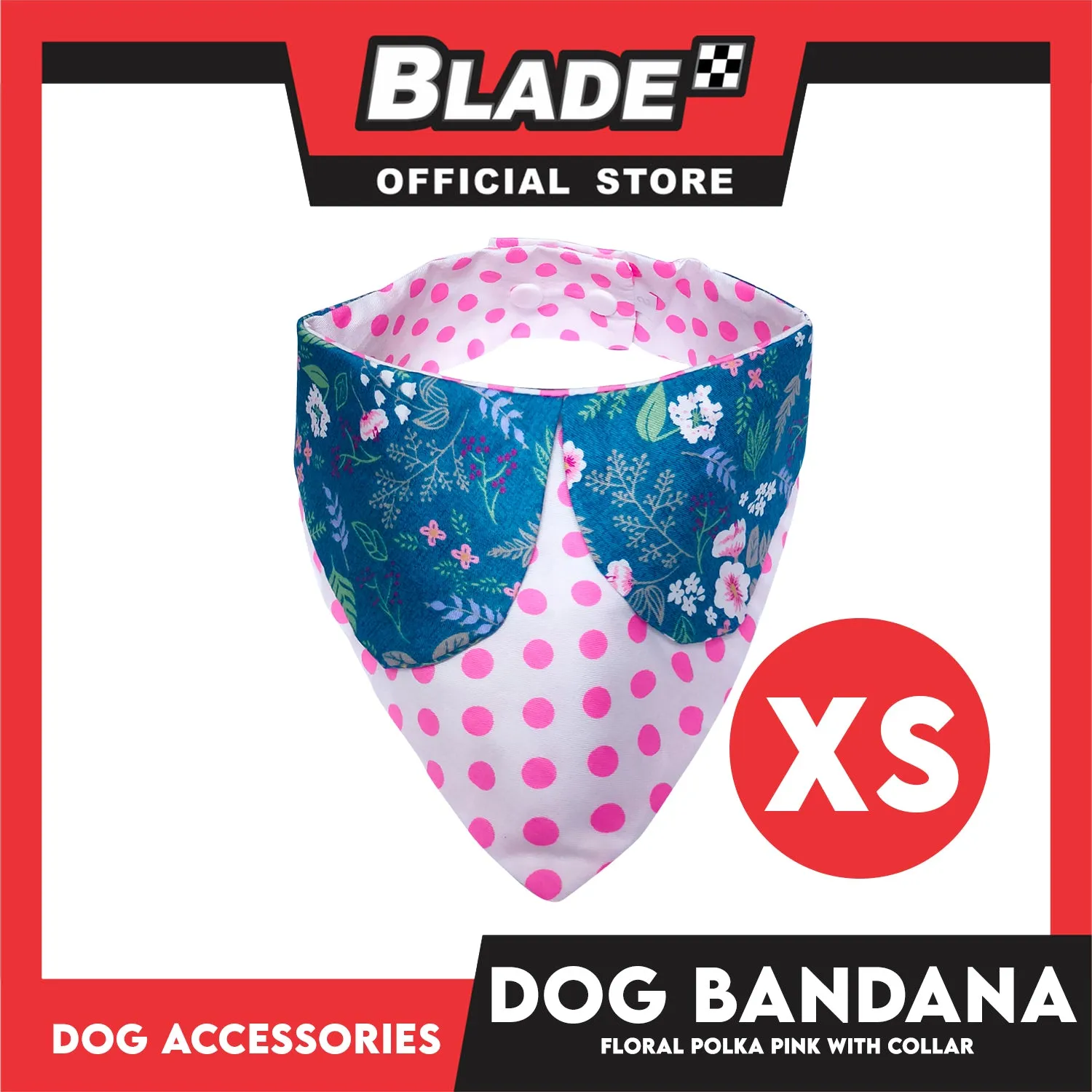 Pet Bandana Collar Scarf Reversible Pink Polka Dots With Blue Floral Designs DB-CTN26XS (XS) Perfect Fit For Dogs And Cats, Breathable, Soft Lightweight Pet Bandana
