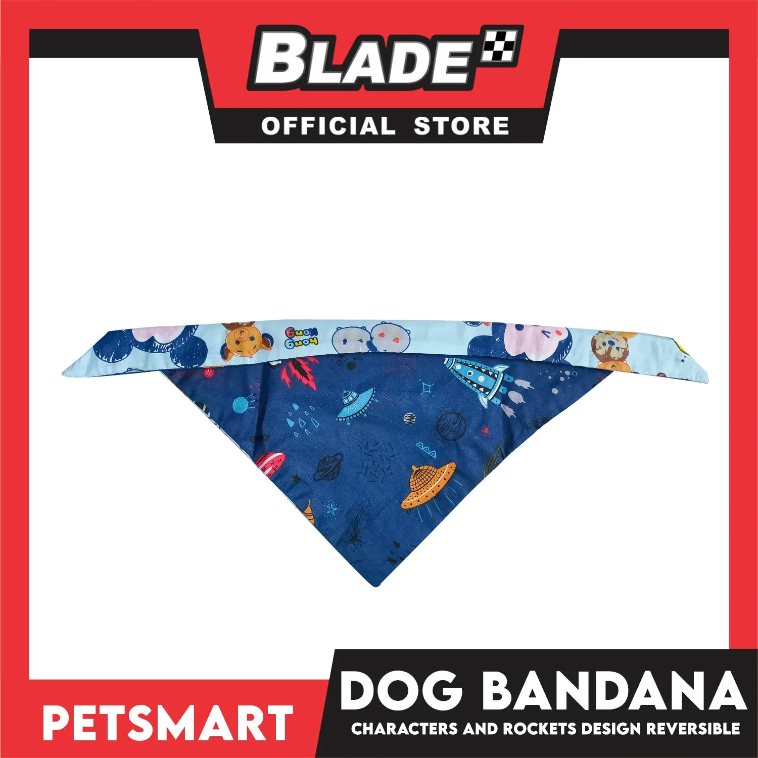 Pet Bandana Collar Scarf Reversible With Characters And Rockets Designs, Blue Color DB-CTN23S (Small)