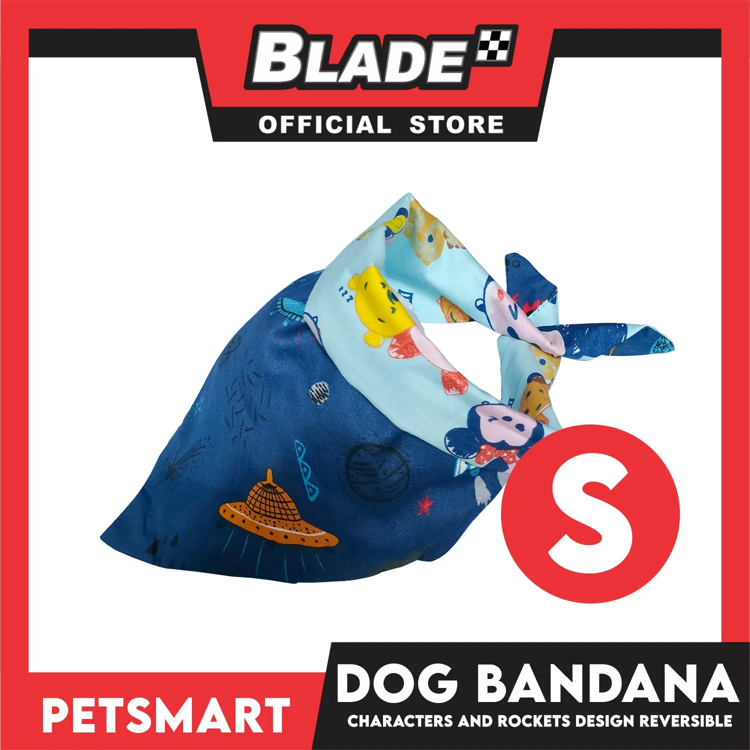 Pet Bandana Collar Scarf Reversible With Characters And Rockets Designs, Blue Color DB-CTN23S (Small)