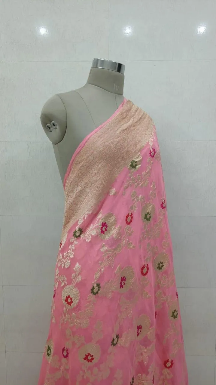 Pure Banarasi Handloom Khaddi Georgette Silk Saree With Floral Jaal Work