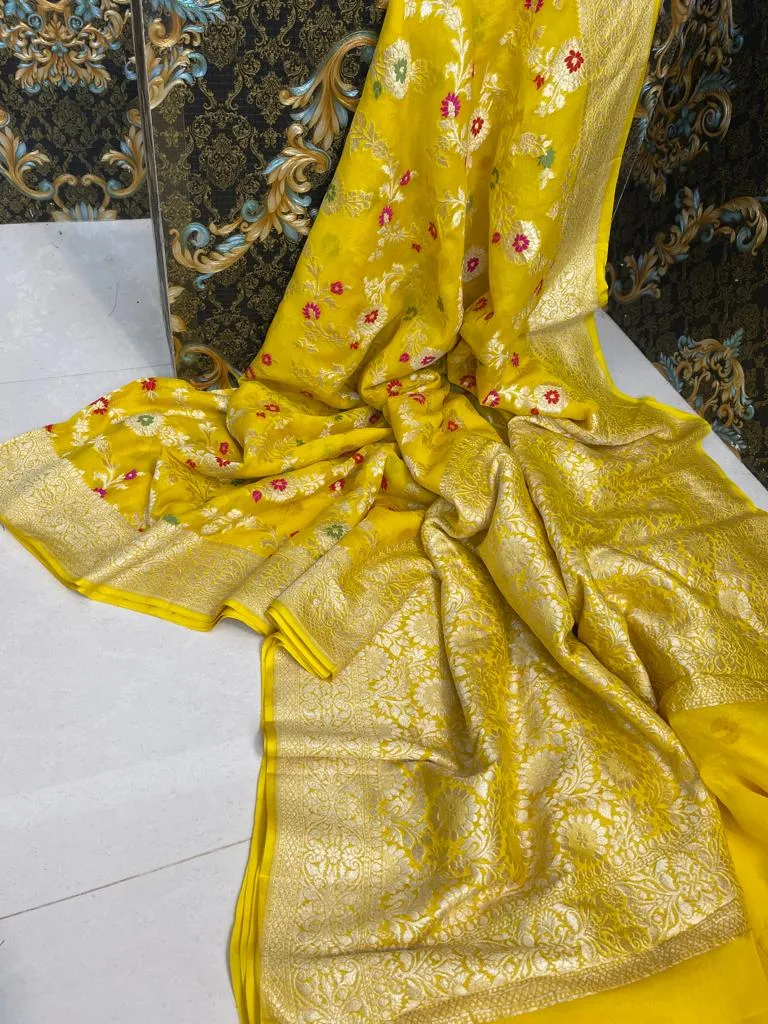 Pure Banarasi Handloom Khaddi Georgette Silk Saree With Floral Jaal Work
