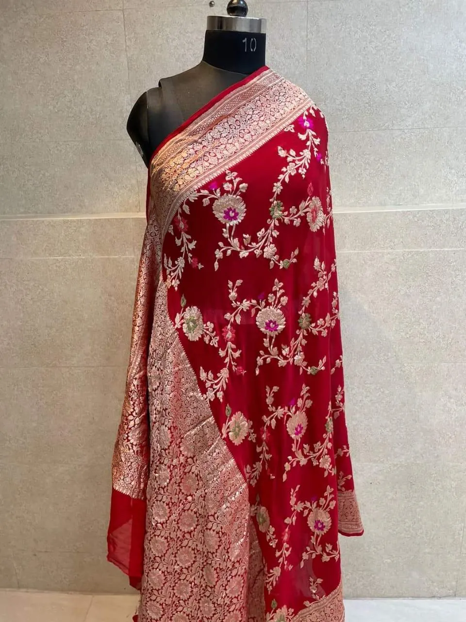 Pure Banarasi Handloom Khaddi Georgette Silk Saree With Floral Jaal Work