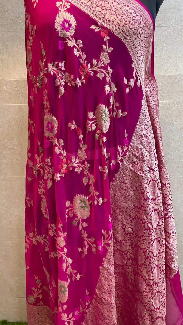 Pure Banarasi Handloom Khaddi Georgette Silk Saree With Floral Jaal Work