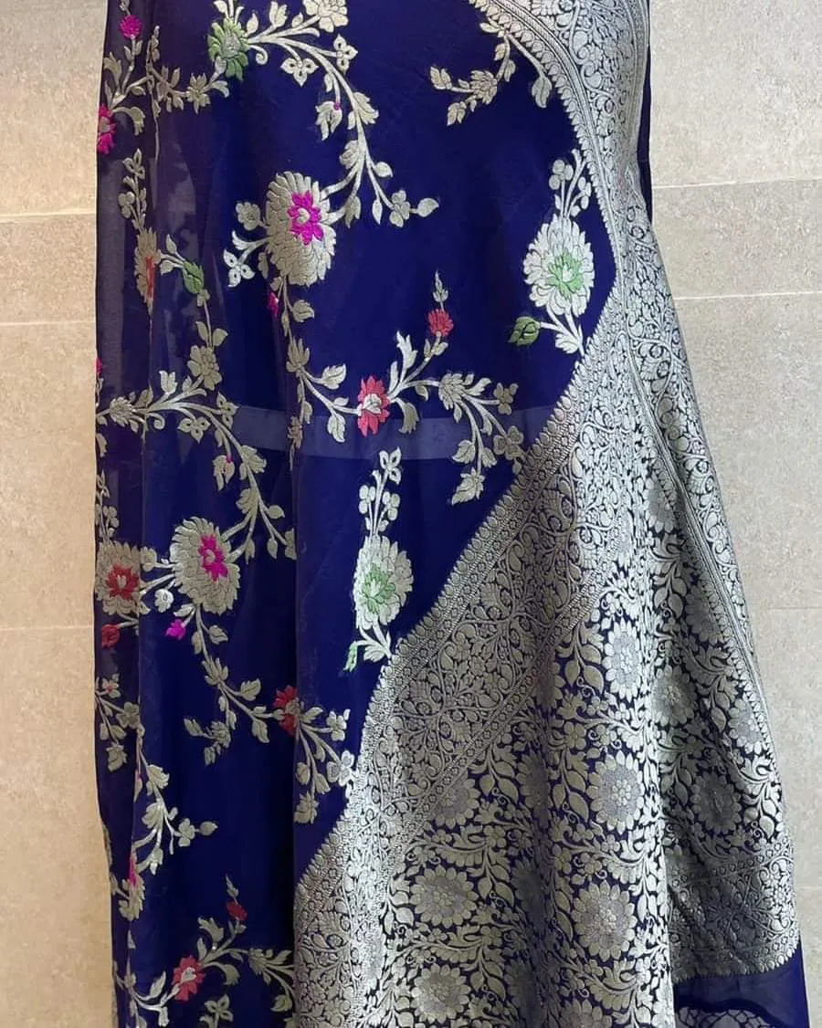 Pure Banarasi Handloom Khaddi Georgette Silk Saree With Floral Jaal Work