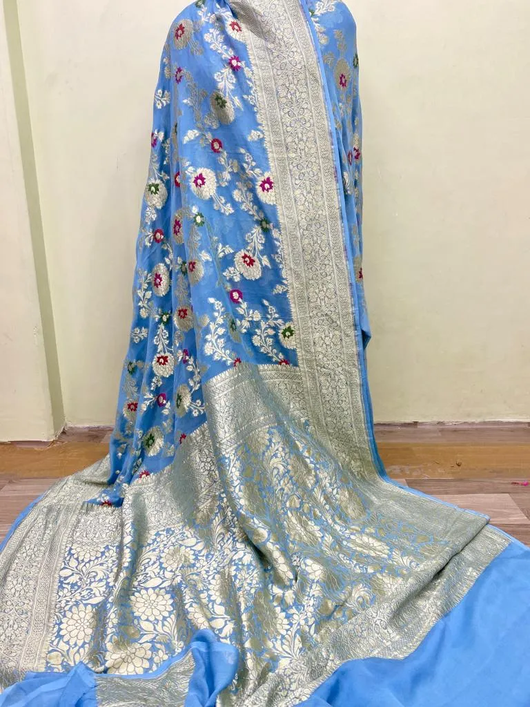 Pure Banarasi Handloom Khaddi Georgette Silk Saree With Floral Jaal Work