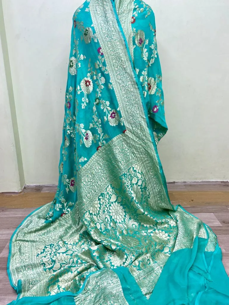 Pure Banarasi Handloom Khaddi Georgette Silk Saree With Floral Jaal Work