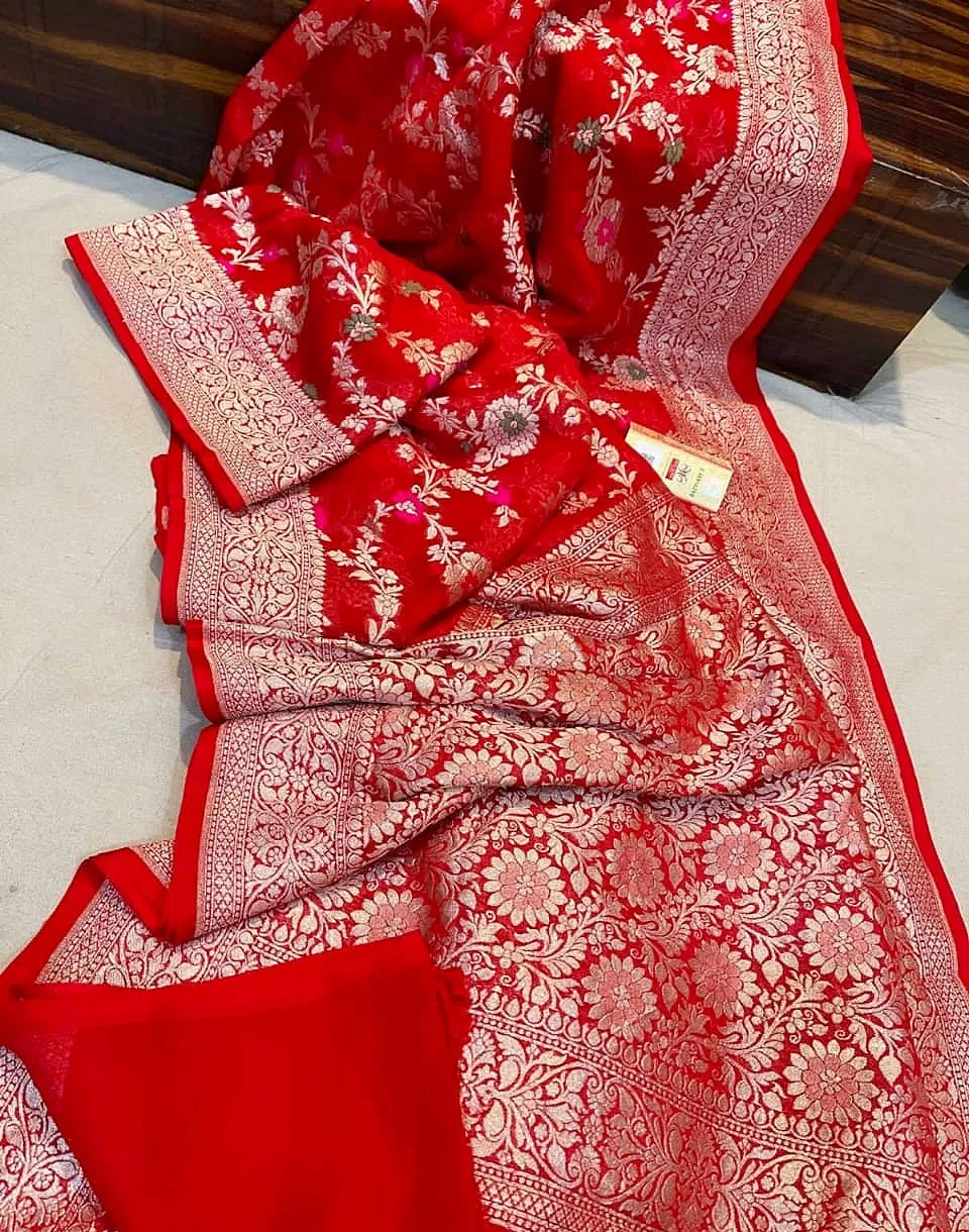 Pure Banarasi Handloom Khaddi Georgette Silk Saree With Floral Jaal Work