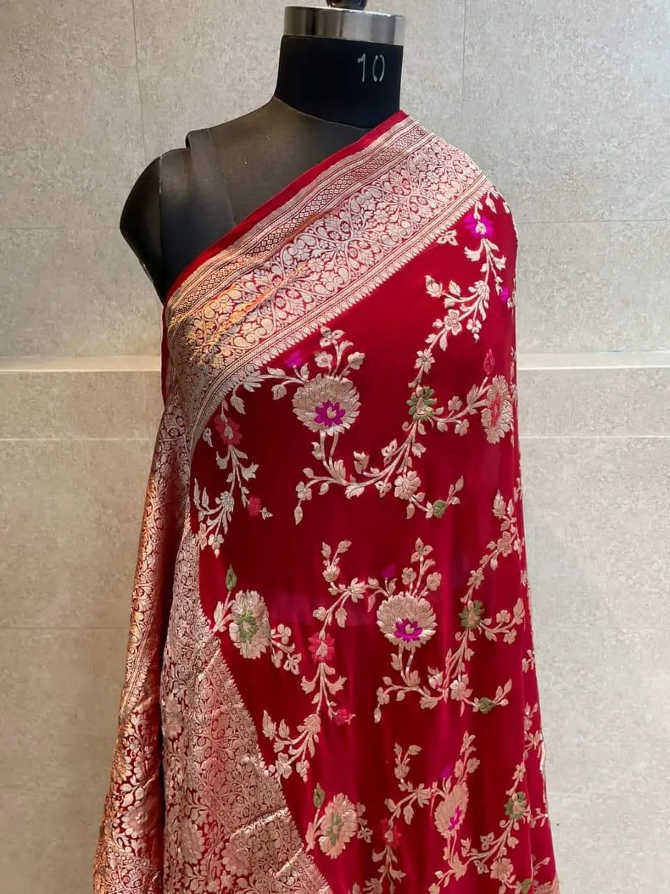 Pure Banarasi Handloom Khaddi Georgette Silk Saree With Floral Jaal Work