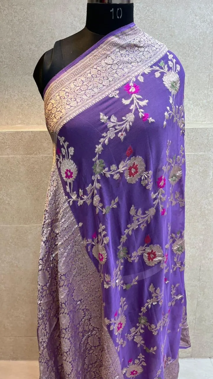 Pure Banarasi Handloom Khaddi Georgette Silk Saree With Floral Jaal Work