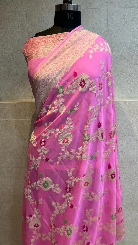 Pure Banarasi Handloom Khaddi Georgette Silk Saree With Floral Jaal Work