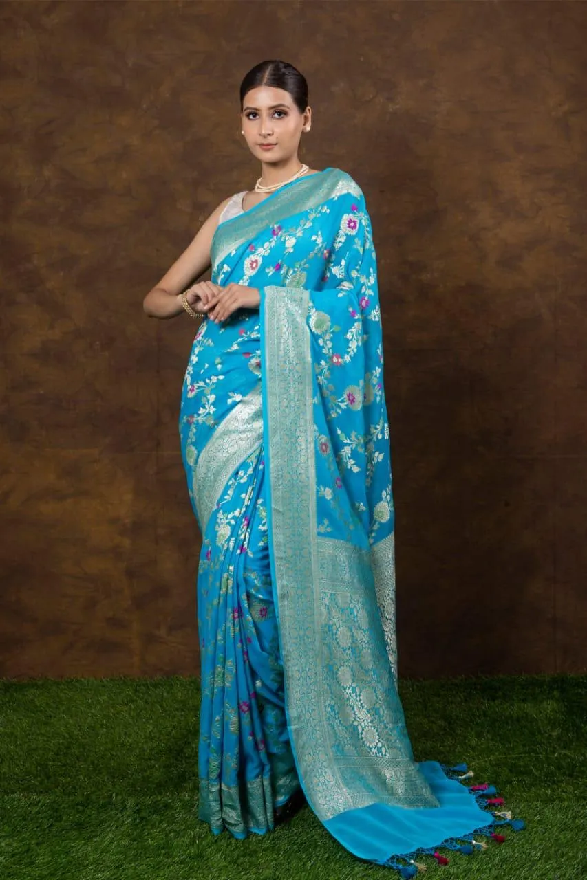 Pure Banarasi Handloom Khaddi Georgette Silk Saree With Floral Jaal Work
