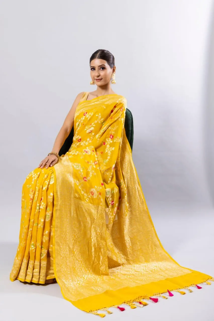 Pure Banarasi Handloom Khaddi Georgette Silk Saree With Floral Jaal Work