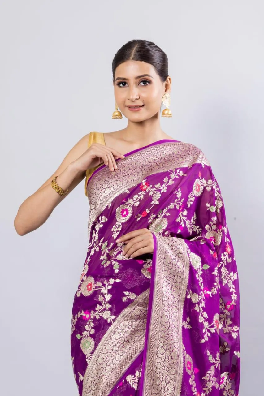 Pure Banarasi Handloom Khaddi Georgette Silk Saree With Floral Jaal Work