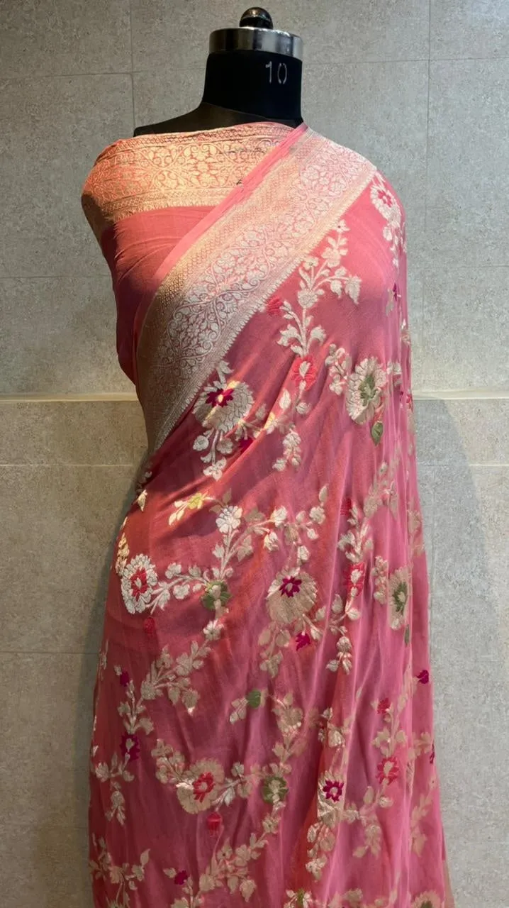 Pure Banarasi Handloom Khaddi Georgette Silk Saree With Floral Jaal Work