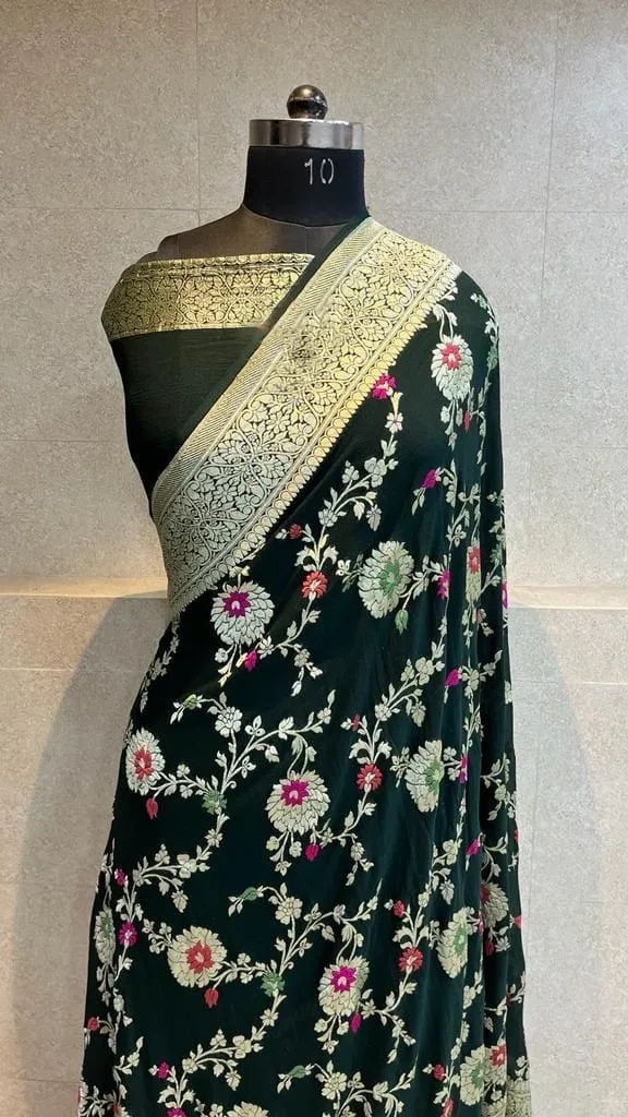 Pure Banarasi Handloom Khaddi Georgette Silk Saree With Floral Jaal Work