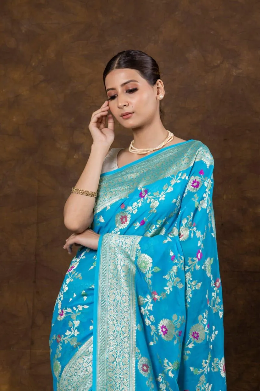 Pure Banarasi Handloom Khaddi Georgette Silk Saree With Floral Jaal Work