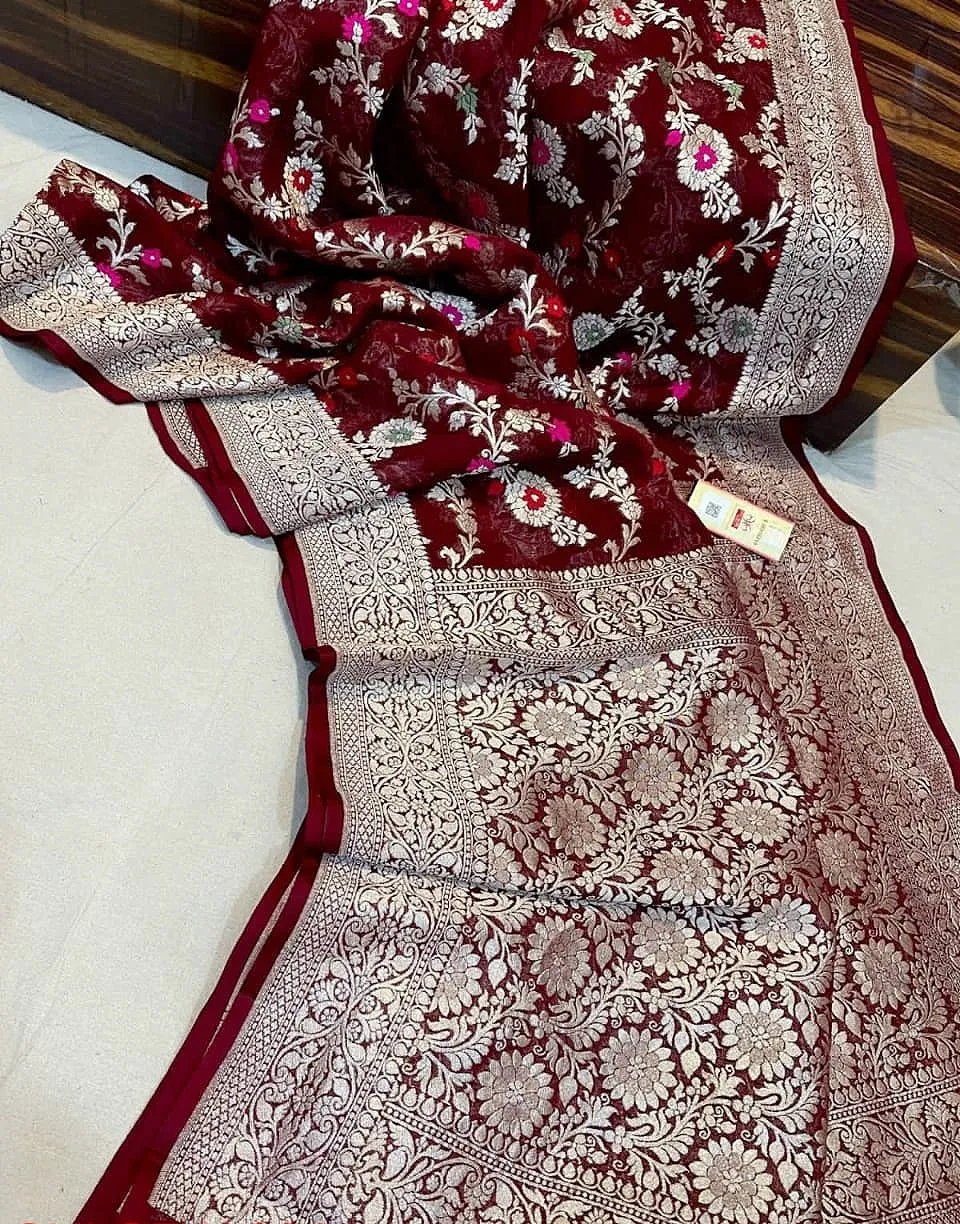 Pure Banarasi Handloom Khaddi Georgette Silk Saree With Floral Jaal Work