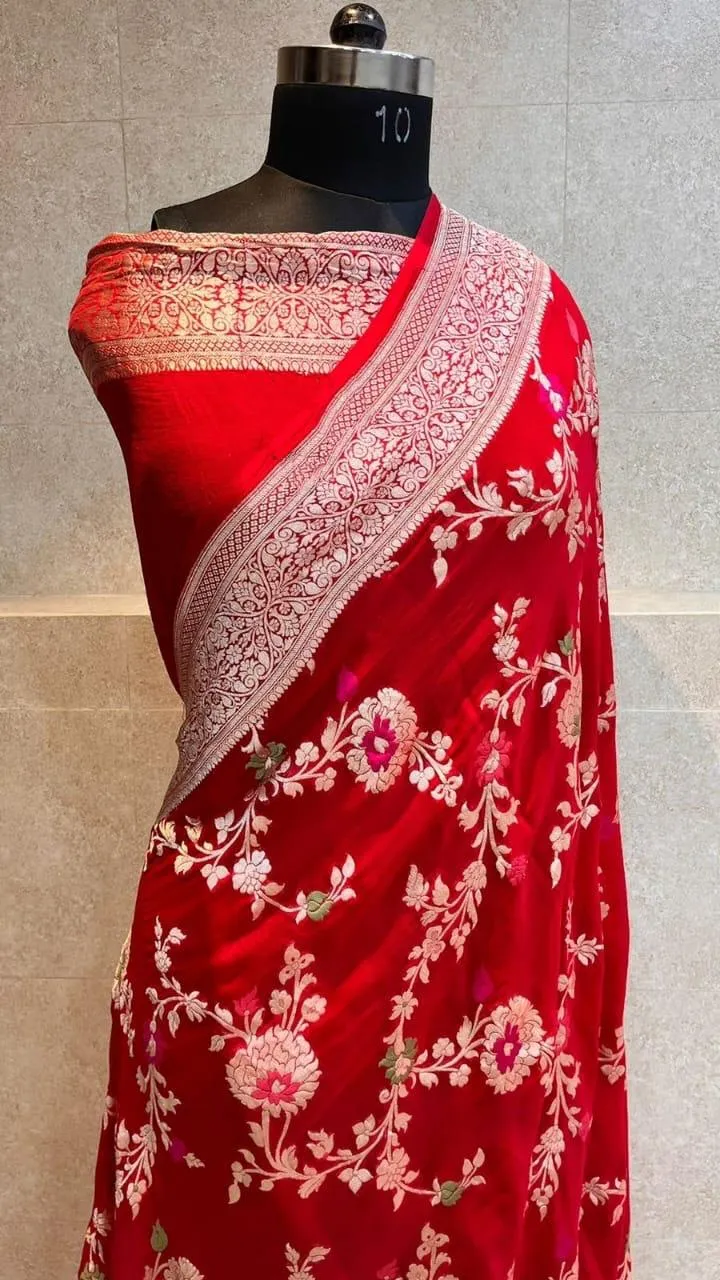 Pure Banarasi Handloom Khaddi Georgette Silk Saree With Floral Jaal Work