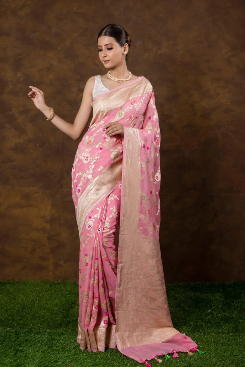 Pure Banarasi Handloom Khaddi Georgette Silk Saree With Floral Jaal Work
