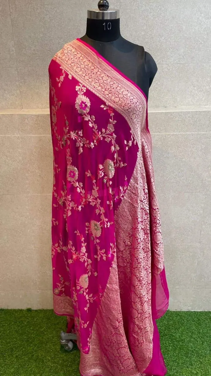 Pure Banarasi Handloom Khaddi Georgette Silk Saree With Floral Jaal Work