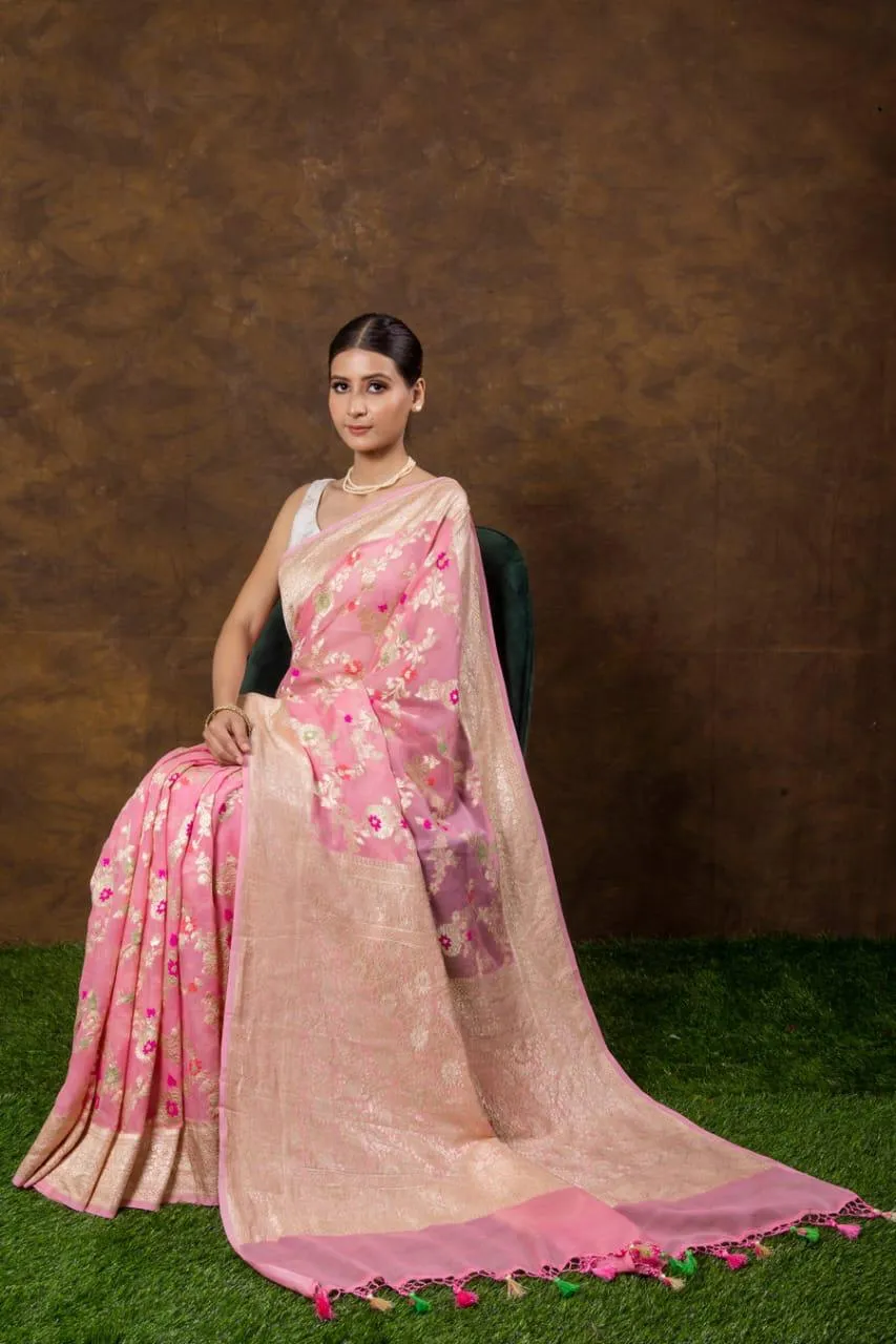 Pure Banarasi Handloom Khaddi Georgette Silk Saree With Floral Jaal Work