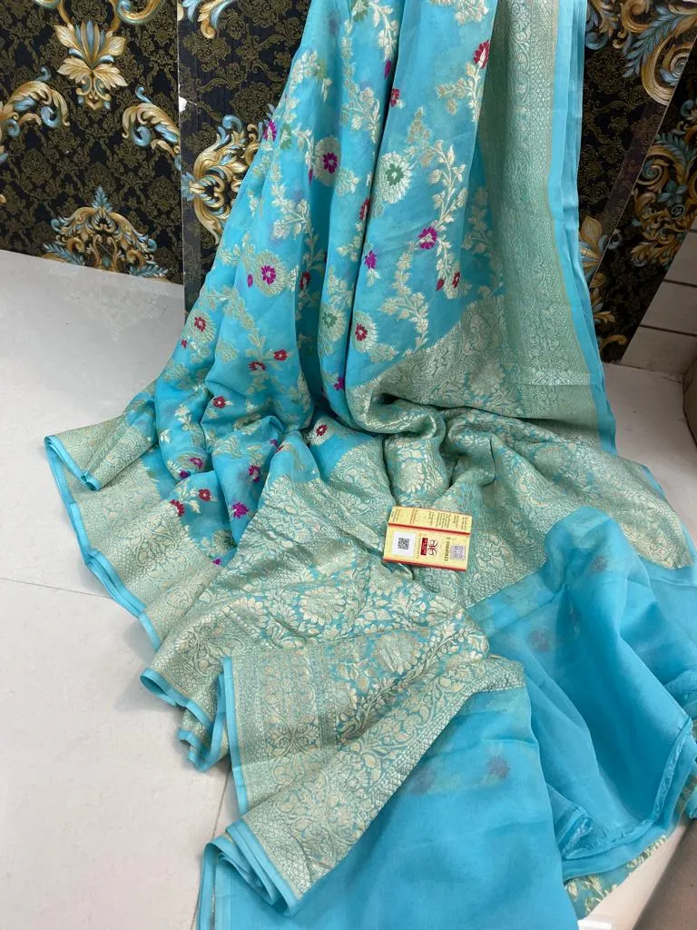 Pure Banarasi Handloom Khaddi Georgette Silk Saree With Floral Jaal Work
