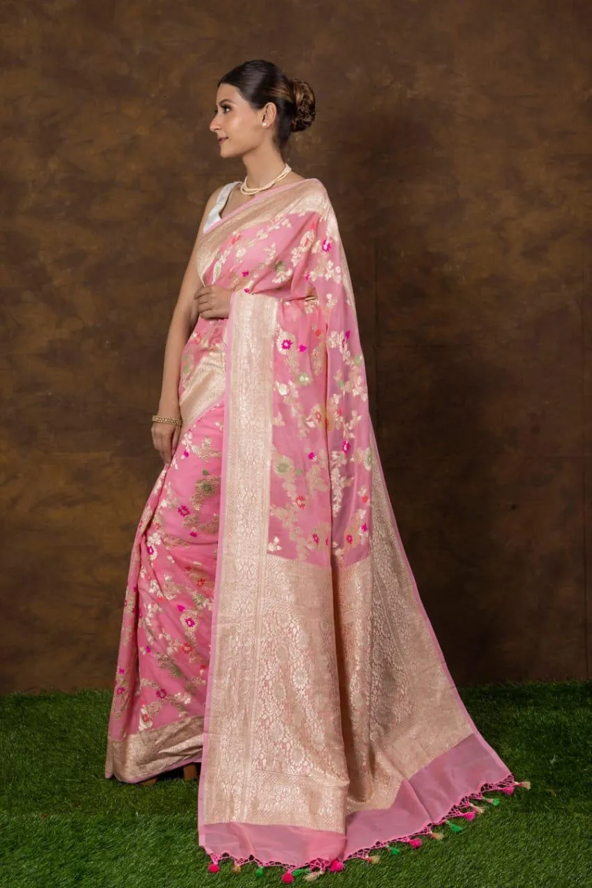 Pure Banarasi Handloom Khaddi Georgette Silk Saree With Floral Jaal Work