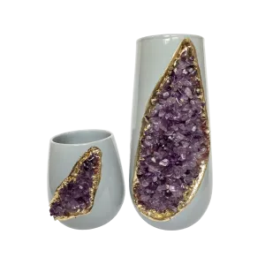Purple Amethyst Crystal Grey and Gold Ceramic Vase