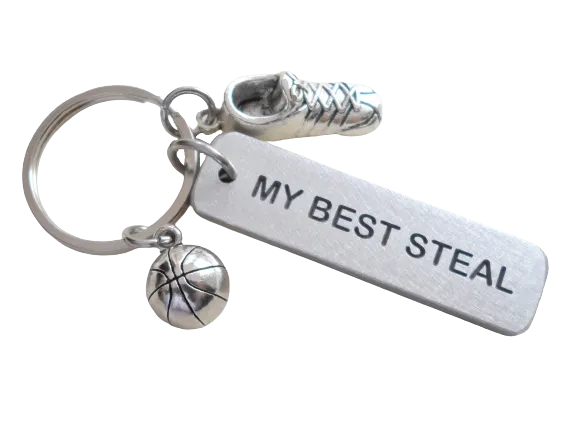 "My Best Steal" Engraved on Aluminum Tag Keychain With Basketball & Sneaker Shoe Charm, Basketball Player Keychain