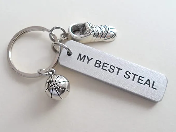 "My Best Steal" Engraved on Aluminum Tag Keychain With Basketball & Sneaker Shoe Charm, Basketball Player Keychain