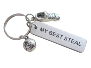 "My Best Steal" Engraved on Aluminum Tag Keychain With Basketball & Sneaker Shoe Charm, Basketball Player Keychain