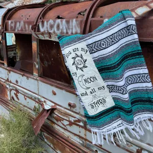 "Sun Moon Stars" - Forest Green Throw - Falza Mexican Blanket